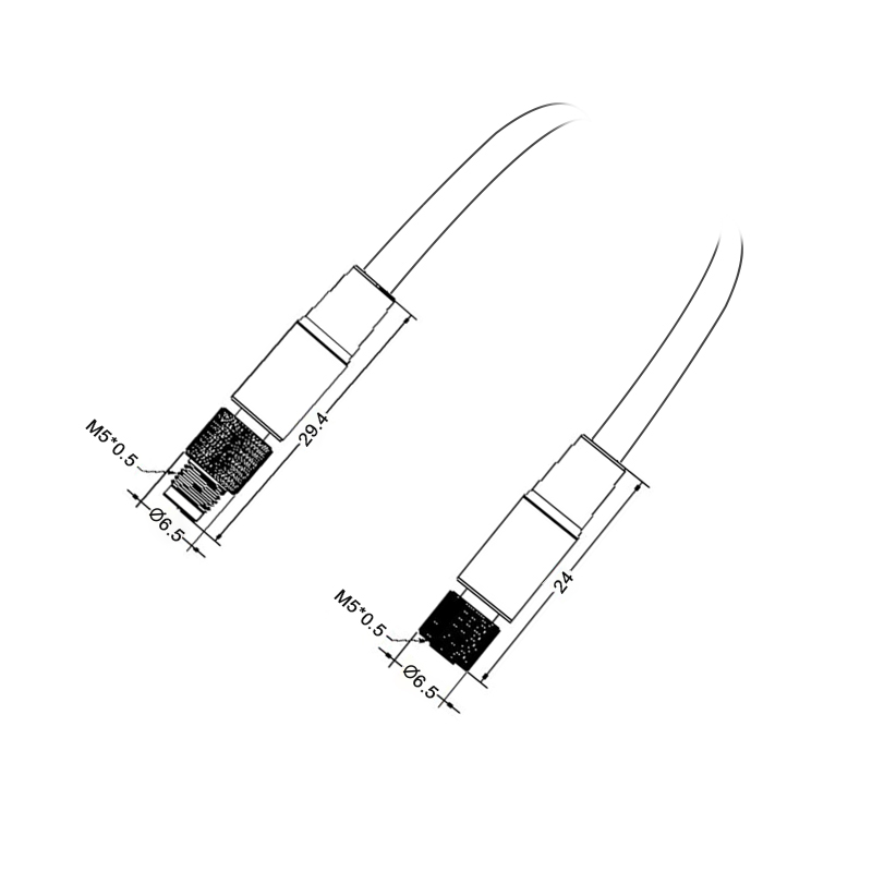 M5 3pins A code male to female straight cable,unshielded,PVC,-10°C~+80°C,26AWG 0.14mm²,brass with nickel plated screw